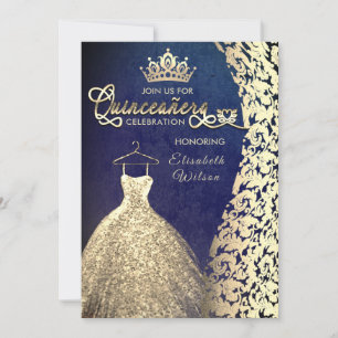 Vintage gold dress damask tiara Quinceañera Invitation