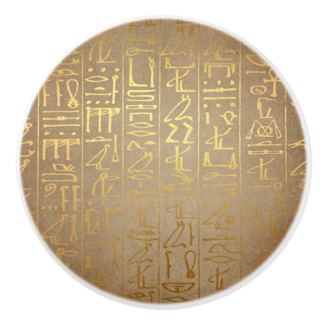 Vintage Gold Egyptian Hieroglyphics Paper Print Ceramic Knob (Front)
