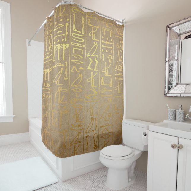 Vintage Gold Egyptian Hieroglyphics Paper Print Shower Curtain (In Situ)