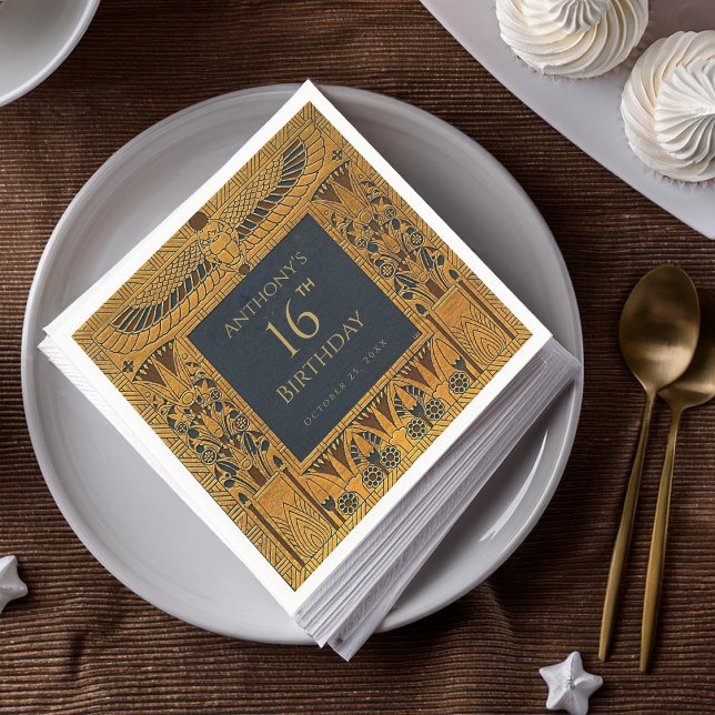 Vintage Gold Egyptian Themed Birthday Elegant Blue Napkin (Creator Uploaded)