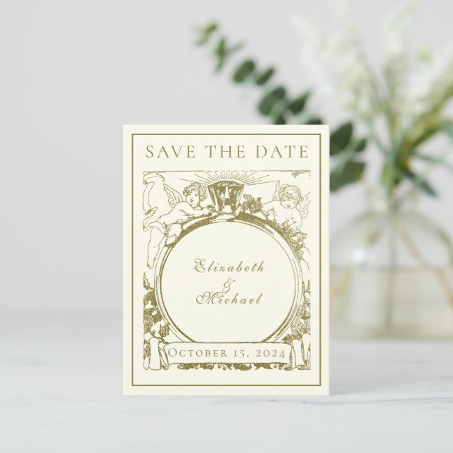 Vintage Gold Engagement Angels Ring Announcement Postcard (Standing Front)