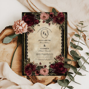 Vintage Gold Filigree and Crimson Petals Invitation