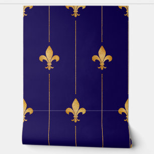 Vintage Gold Fleur-de-Lis Dark Blue Wallpaper