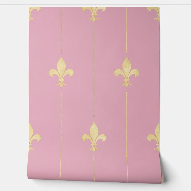 Vintage Gold Fleur-de-Lis Dusky Pink Wallpaper (Unrolling)
