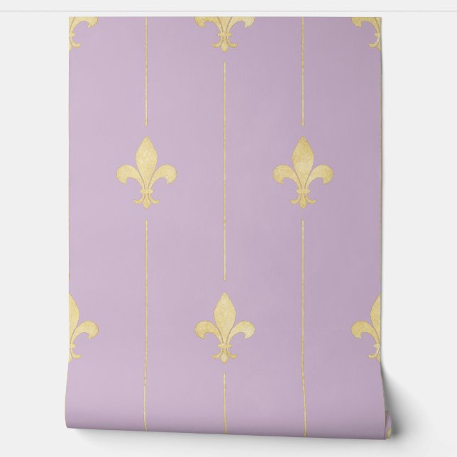 Vintage Gold Fleur-de-Lis Lilac Wallpaper (Unrolling)