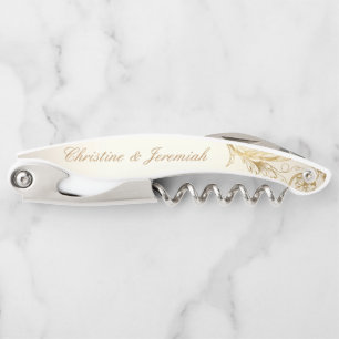 Vintage Gold Floral Damask Elegant Script Wedding Corkscrew