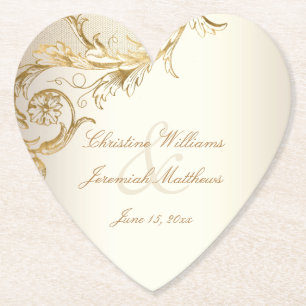 Vintage Gold Floral Damask Elegant Script Wedding Paper Coaster
