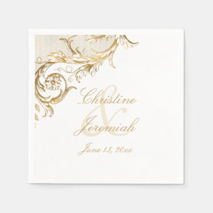 Vintage Gold Floral Damask Script Names Wedding Napkin