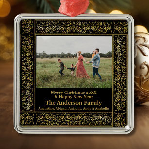 Vintage Gold Floral Frame Photo Merry Christmas Metal Ornament