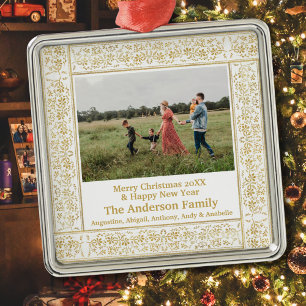 Vintage Gold Floral Framed Photo Metal Ornament