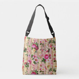 Vintage Gold Floral Pink Roses Damask Crossbody Bag