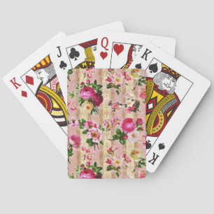 Vintage Gold Floral Pink Roses Damask Playing Cards