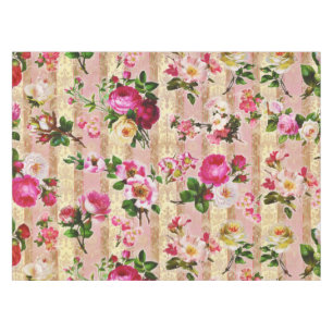 Vintage Gold Floral Pink Roses Damask Tablecloth