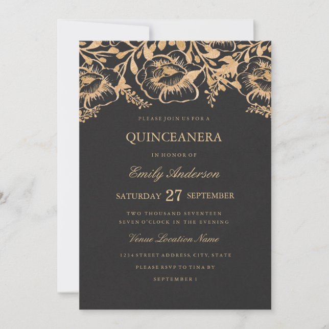 Vintage Gold Floral Quinceanera Invitation (Front)