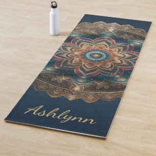 Vintage Gold Flower Mandala Navy Blue Meditation Yoga Mat