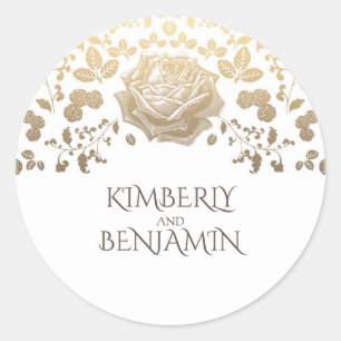 Vintage Gold Flowers White Elegant Wedding Classic Round Sticker