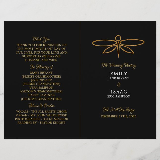 Vintage Gold Foil Dragonfly Wedding Program (Front)