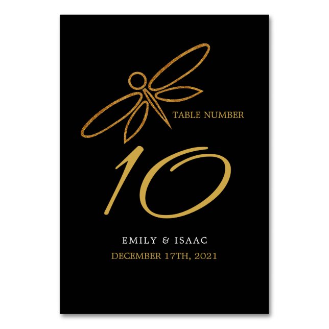 Vintage Gold Foil Dragonfly Wedding Table Number (Front)
