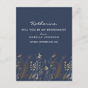 Vintage Gold Foil Navy Will You Be My Bridesmaid? Invitation Postcard