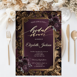 Vintage Gold Frame Burgundy Roses Bridal Shower Invitation