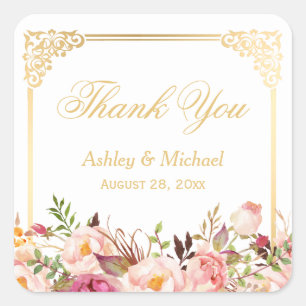 Vintage Gold Frame Floral Thank You Wedding Favour Square Sticker