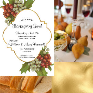 Vintage Gold Frame Foil Fruits White Thanksgiving  Invitation