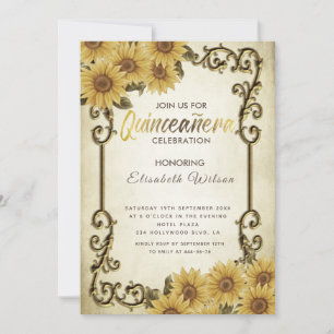 Vintage gold frame sunflower Quinceañera  Invitati Invitation