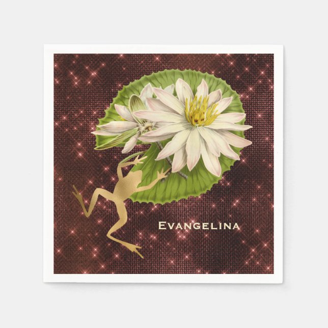 Vintage Gold Frog Lily Pad Floral Napkin (Front)