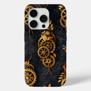 Vintage Gold Gears & Red Neon Mythic Cyberpunk  iPhone 15 Pro Case
