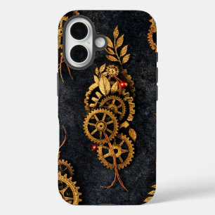 Vintage Gold Gears & Red Neon Mythic Cyberpunk  iPhone 16 Case