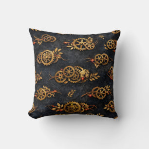 Vintage Gold Gears & Red Neon Mythic Cyberpunk  Cushion