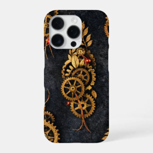 Vintage Gold Gears & Red Neon Mythic Cyberpunk iPhone 16 Pro Case