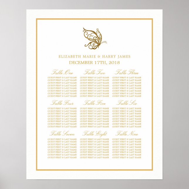 Vintage Gold Glitter Butterfly Seating  Chart (Front)