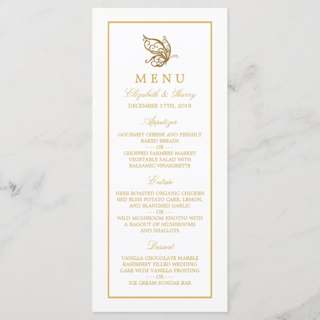 Vintage Gold Glitter Butterfly Wedding Menu (Front)