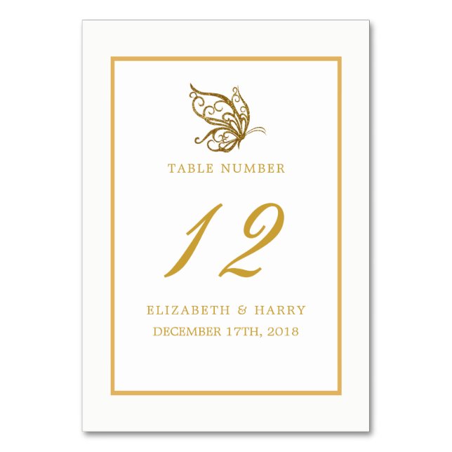 Vintage Gold Glitter Butterfly Wedding Table No. Number (Front)
