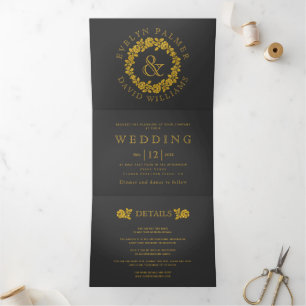 Vintage gold glitter roses charcoal grey wedding Tri-Fold invitation