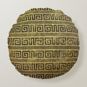 Vintage Gold Greek Meander Pattern Round Cushion