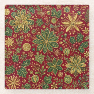 Vintage Gold Green Holly Christmas Botanical Glass Coaster