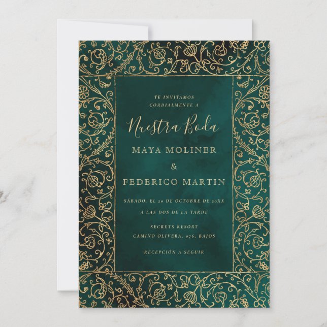 Vintage Gold & Green Velvet Nuestra Boda Wedding Invitation (Front)