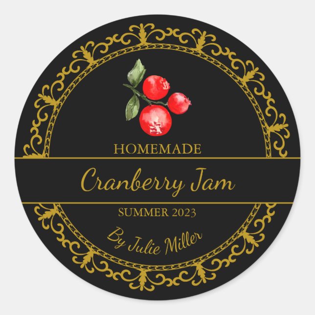 Vintage Gold Homemade Cranberry Jam Label | Black (Front)