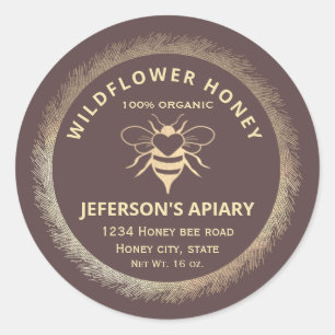 Vintage gold honey bee logo honey jar classic round sticker