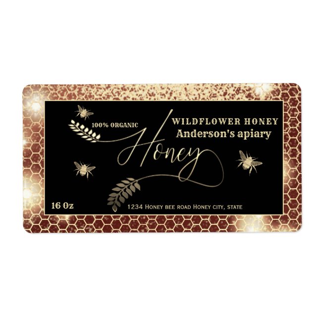 Vintage  gold honey branch  script honey jar label (Front)