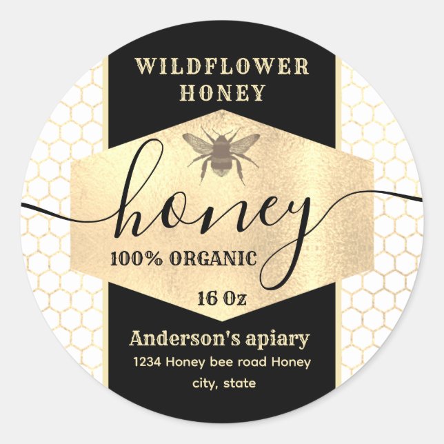 Vintage  gold honeybee  script honey jar label (Front)