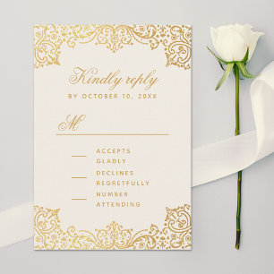 Vintage Gold Ivory Elegant Antique Script Wedding RSVP Card