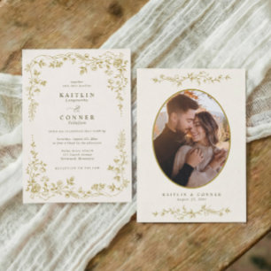Vintage Gold & Ivory French Floral Wedding Photo Invitation
