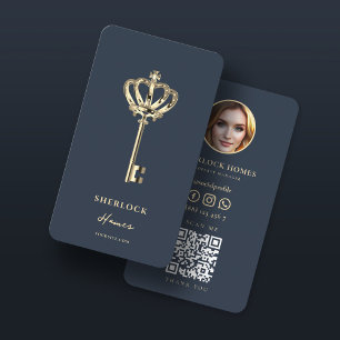 Vintage Gold Key Real Estate Agent Realtor QR Business Card