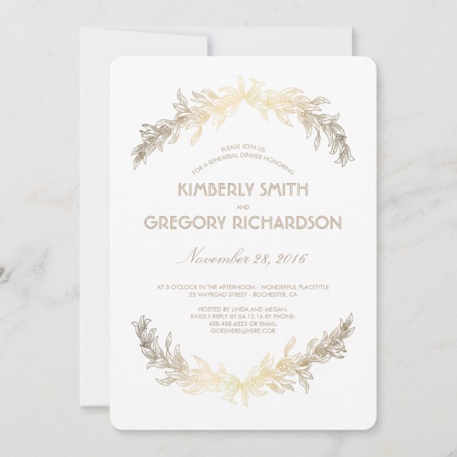Vintage Gold Laurel Wreath Rehearsal Dinner Invitation (Front)