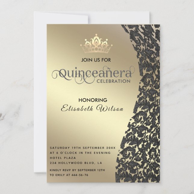 Vintage gold luxury damask tiara Quinceañera  Invi Invitation (Front)