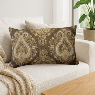 Vintage Gold Luxury Paisley Persian Classic Ornate Lumbar Cushion