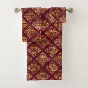 Vintage Gold Maroon Damask Pattern Bath Towel Set